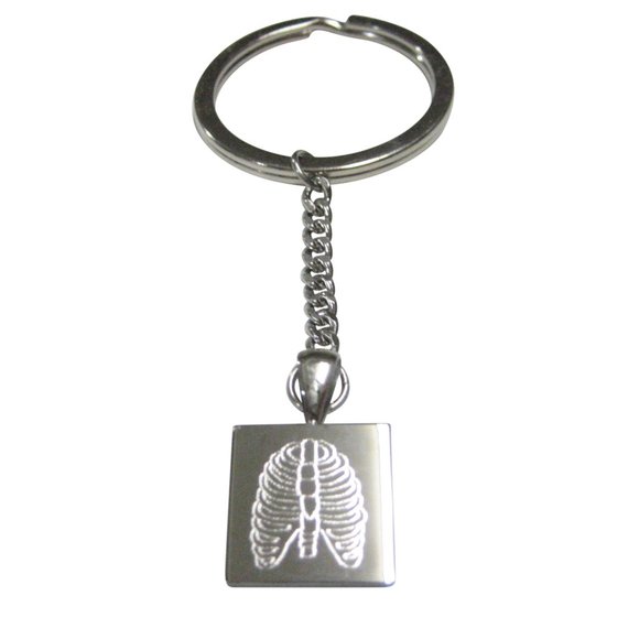 Silver Toned Square Etched Anatomical Rib Cage Pendant Keychain - Picture 1 of 2